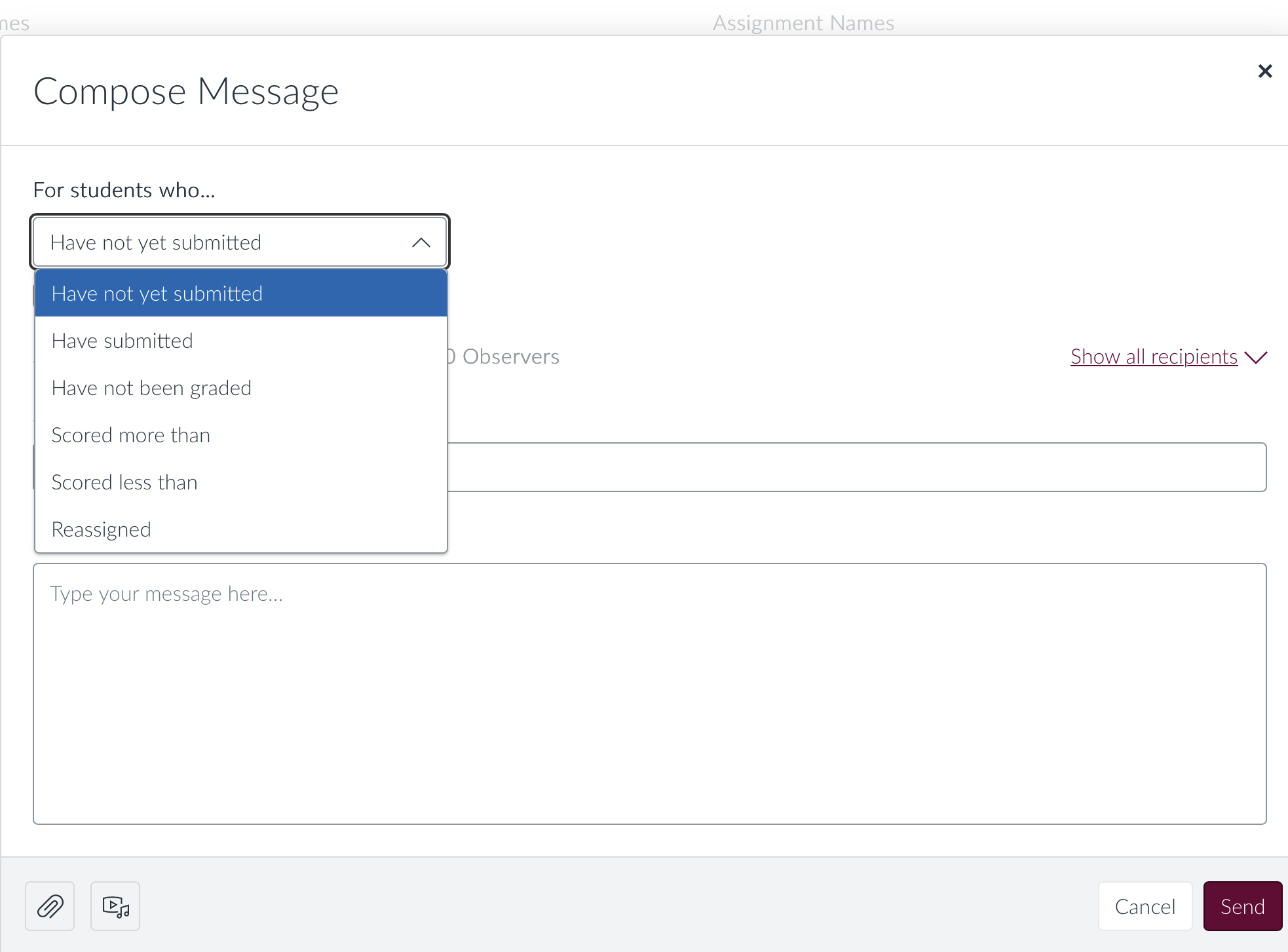 Message students who interface in Canvas showing a dropdown showing: have not yet submitted, have submitted, have not been graded, scored more than, scored less than, reassigned